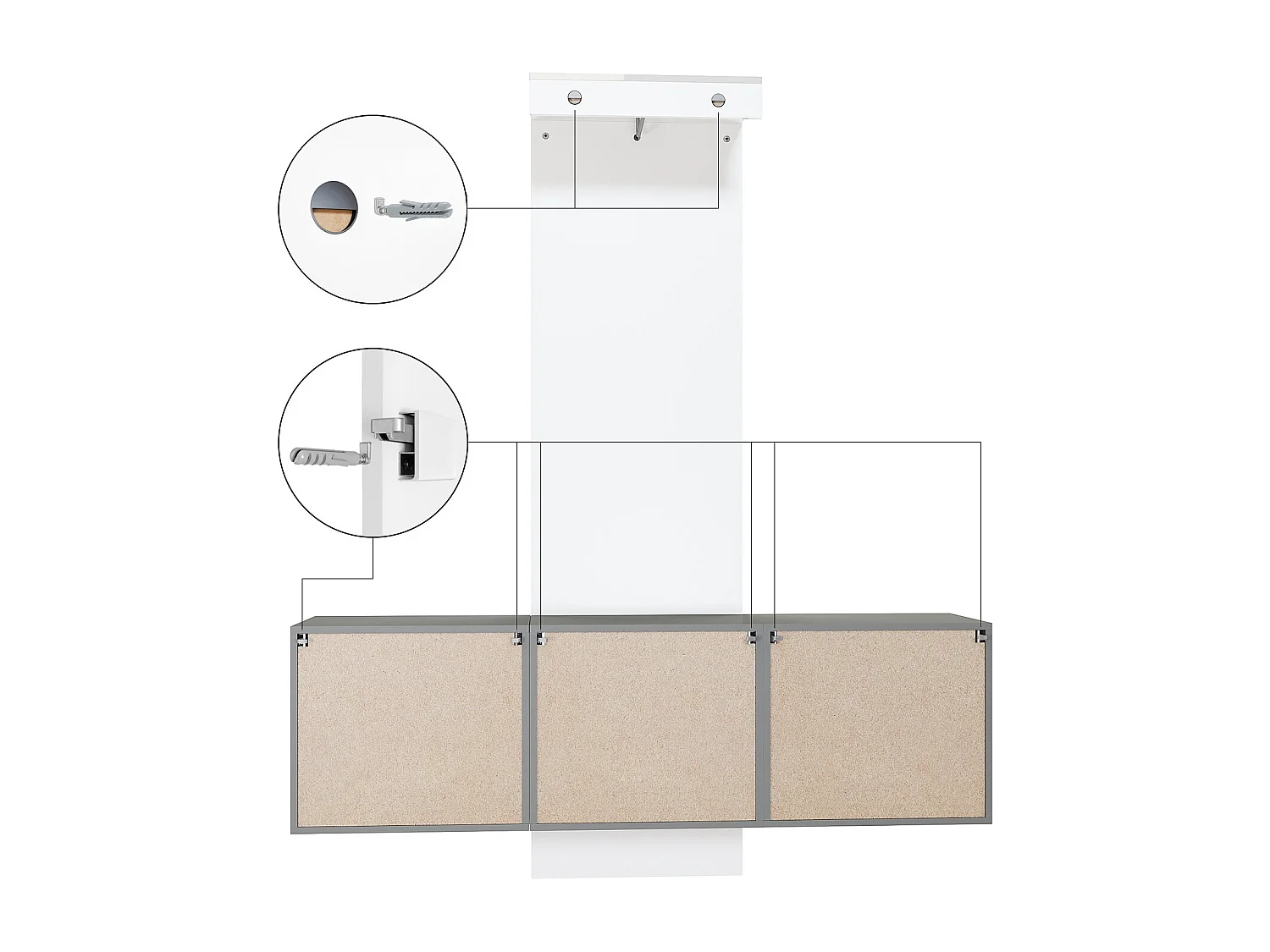 Vestiaire Garderobe Carlton Set 3, Corps en anthracite mat / Panneau portemanteau en chêne nature (157 x 193 x 35 cm)