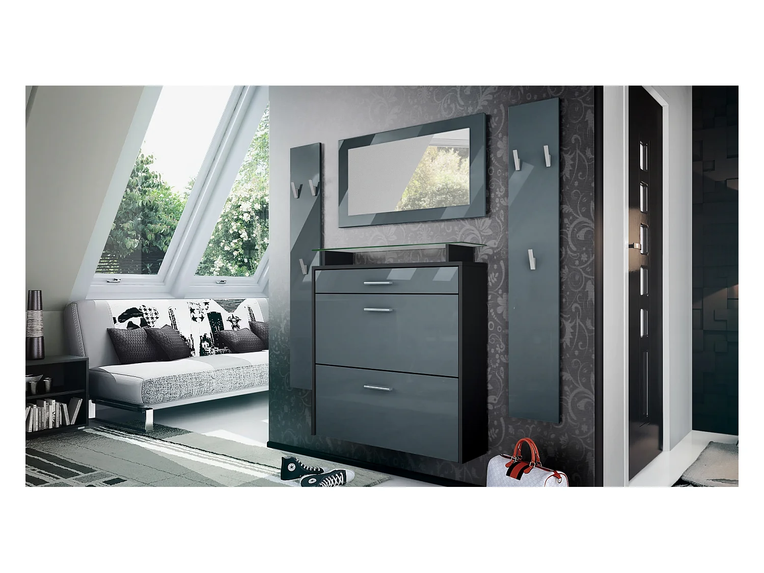 Penderie Malea, Meuble d’entrée comprenant 1 commode à chaussures murale, 1 miroir mural et 2 panneaux porte-manteaux, Noir mat/Gris haute brillance