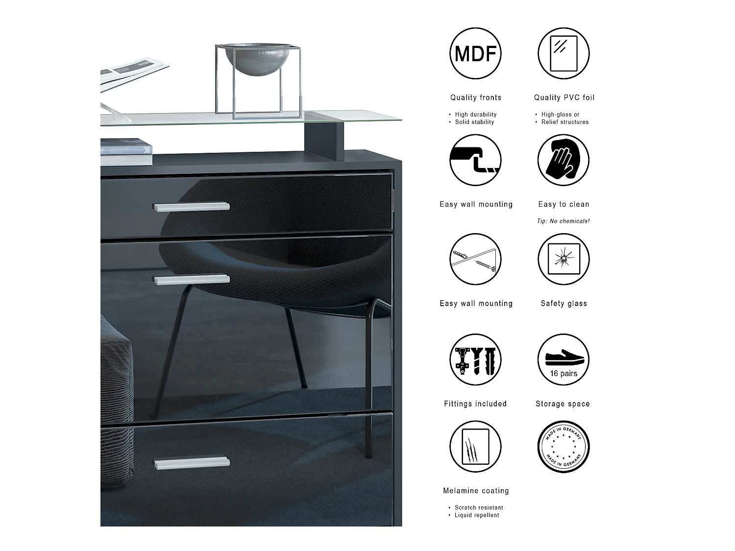 Penderie Malea, Meuble d’entrée comprenant 1 commode à chaussures murale, 1 miroir mural et 2 panneaux porte-manteaux, Noir mat/Gris haute brillance