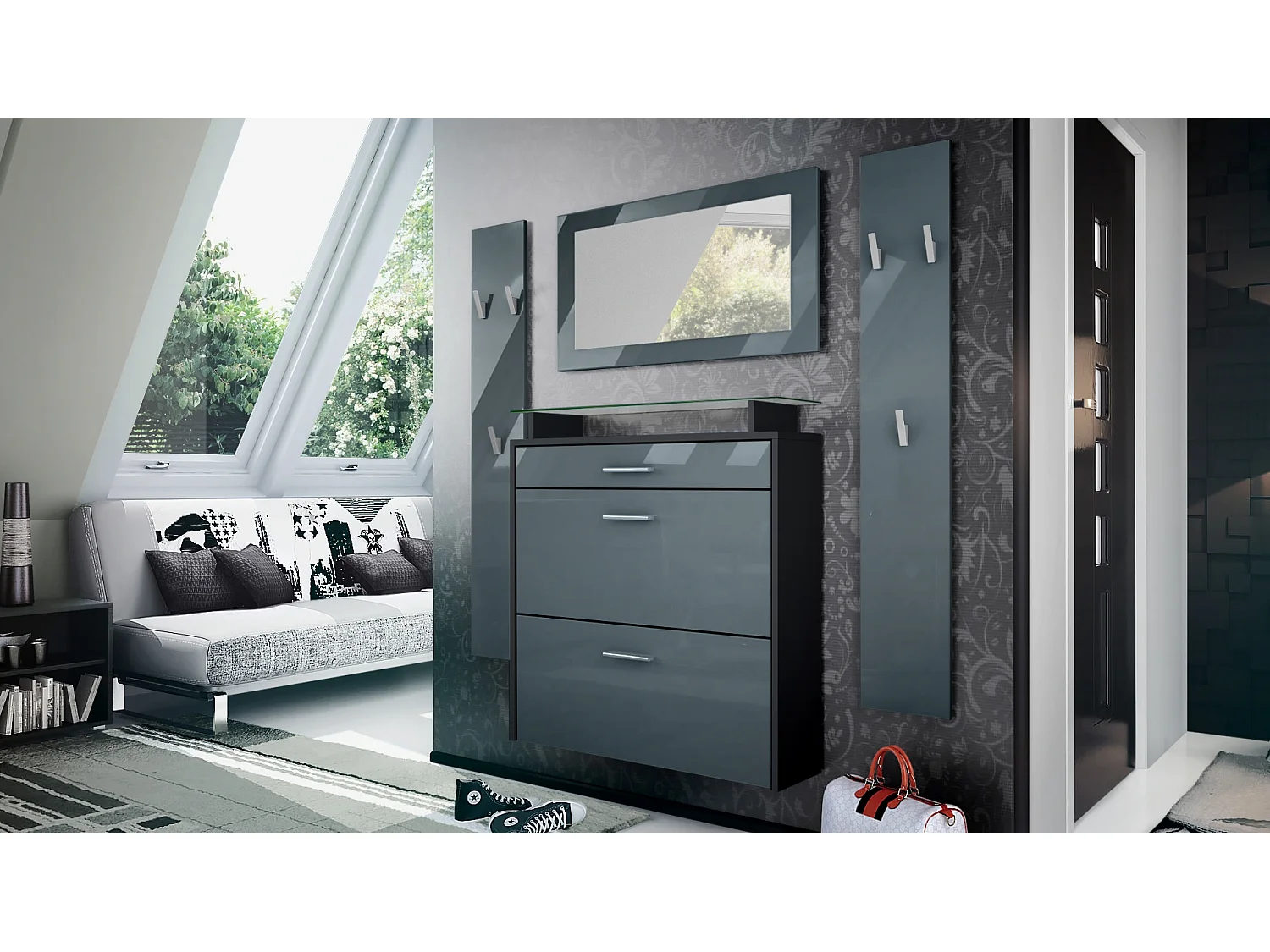 Penderie Malea, Meuble d’entrée comprenant 1 commode à chaussures murale, 1 miroir mural et 2 panneaux porte-manteaux, Noir mat/Gris haute brillance