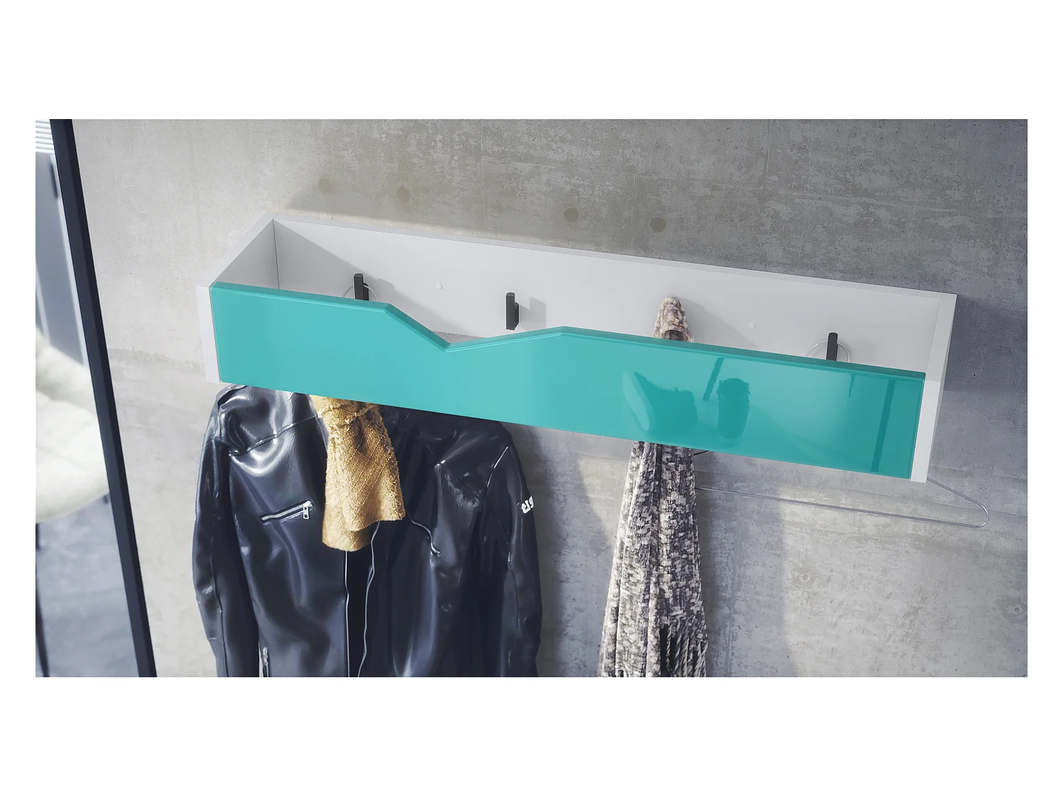 Perchero gancho de pared panel para colgar ropa Kolmio, cuerpo en blanco mate, frente en petróleo de alto brillo 83,5 x 12,5 x 21 cm