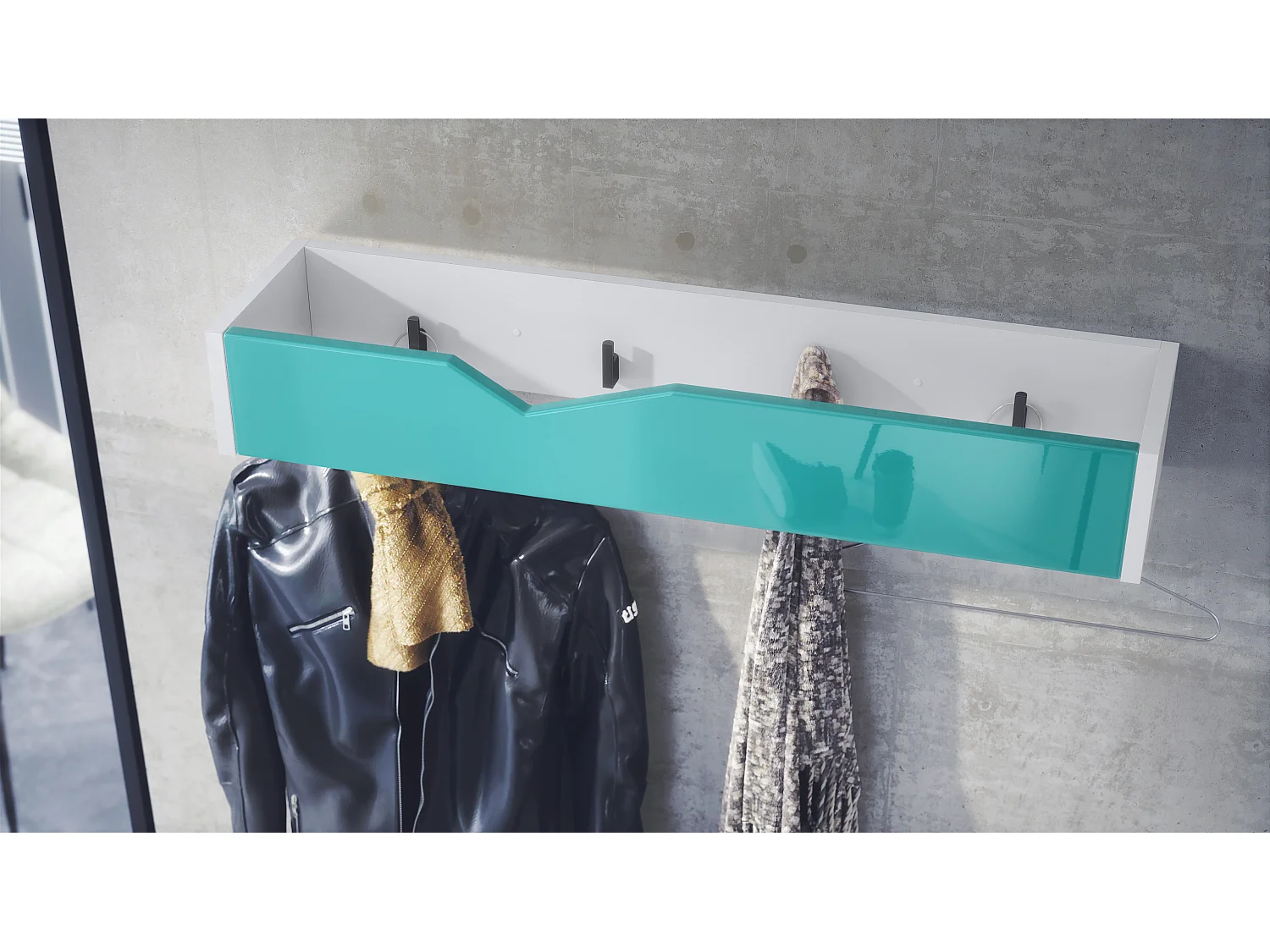 Porte-manteau crochets muraux panneau de penderie Kolmio, corps blanc mat, façade turquoise haute brillance 83,5 x 12,5 x 21 cm