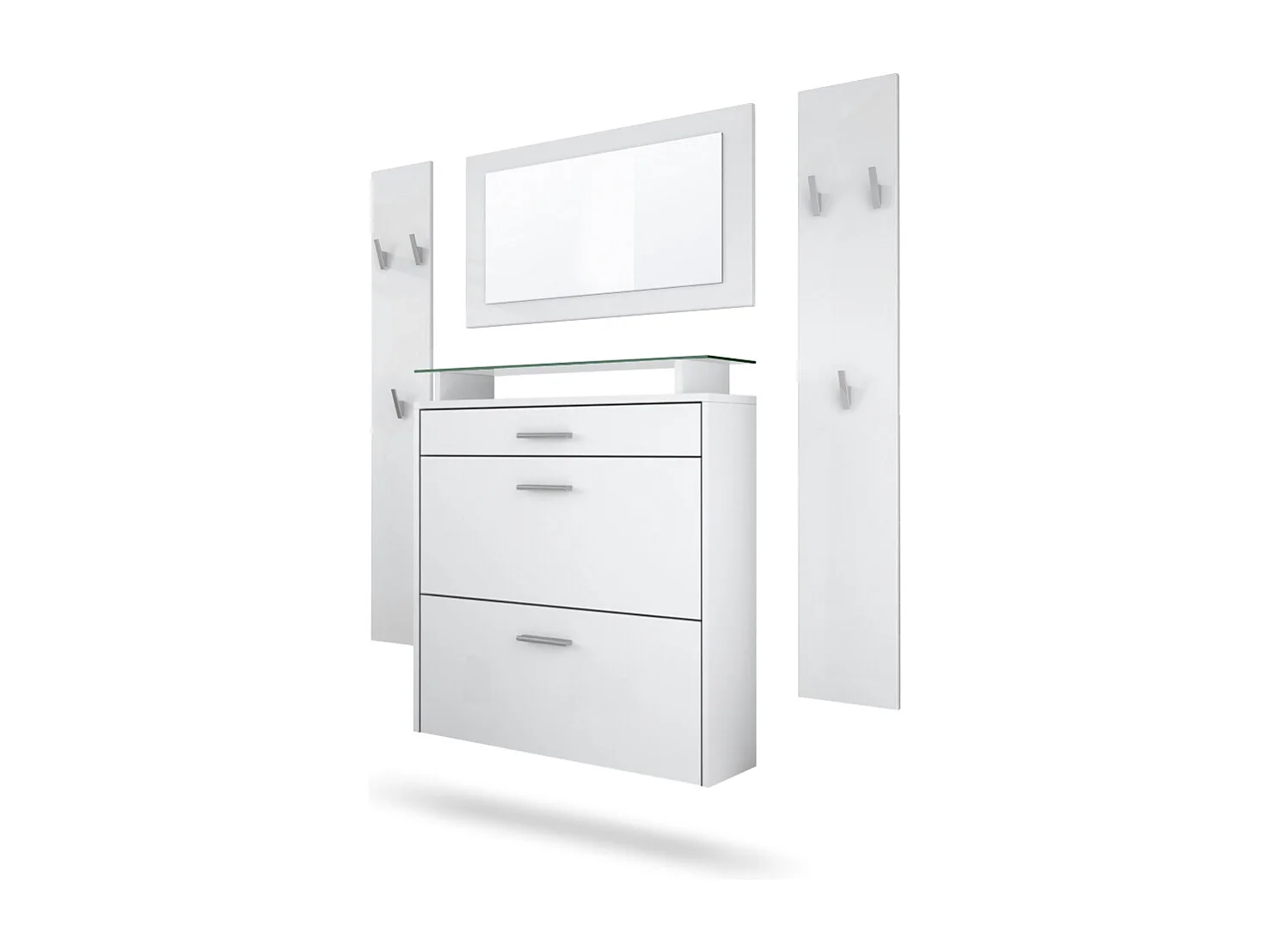 Penderie Malea, Meuble d’entrée comprenant 1 commode à chaussures murale, 1 miroir mural et 2 panneaux porte-manteaux, Blanc mat/Blanc mat