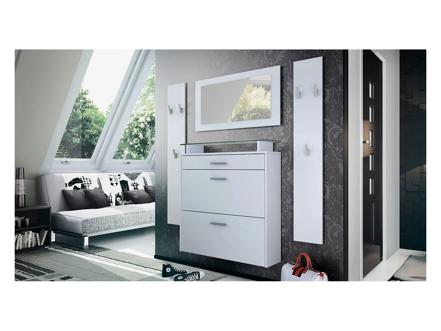 Penderie Malea, Meuble d’entrée comprenant 1 commode à chaussures murale, 1 miroir mural et 2 panneaux porte-manteaux, Blanc mat/Blanc mat