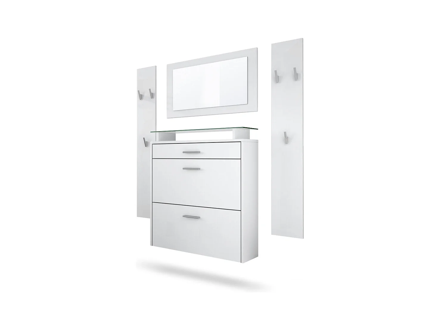 Penderie Malea, Meuble d’entrée comprenant 1 commode à chaussures murale, 1 miroir mural et 2 panneaux porte-manteaux, Blanc mat/Blanc mat