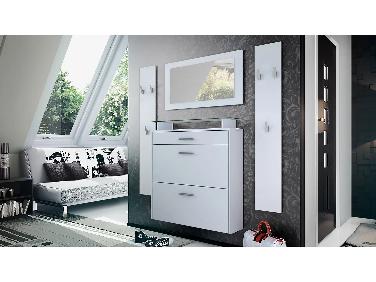 Penderie Malea, Meuble d’entrée comprenant 1 commode à chaussures murale, 1 miroir mural et 2 panneaux porte-manteaux, Blanc mat/Blanc mat