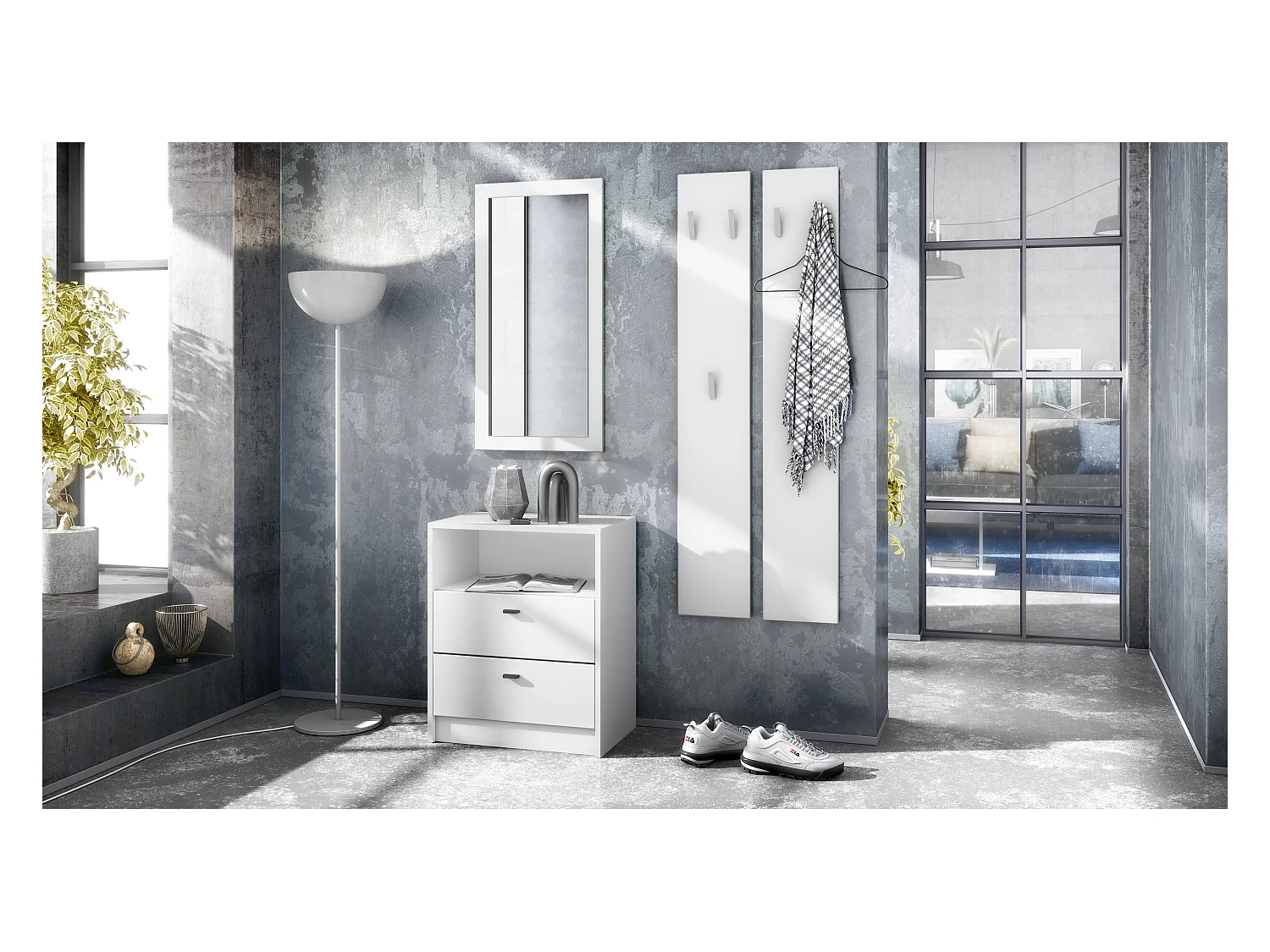 Ensemble de vestiaires Pino V1, 2 Panneaux muraux 140 cm et buffet avec 2 tiroirs & 1 compartiment ouvert, blanc mat/blanc mat (56 x 67,5 x 36 cm)