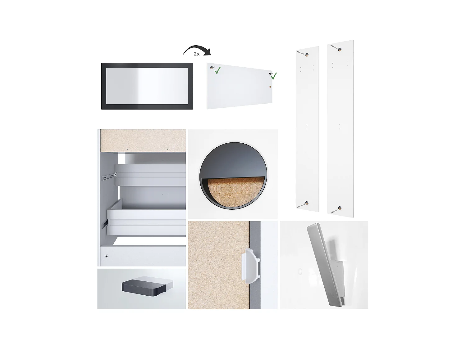 Ensemble de vestiaires Pino V1, 2 Panneaux muraux 140 cm et buffet avec 2 tiroirs & 1 compartiment ouvert, blanc mat/blanc mat (56 x 67,5 x 36 cm)