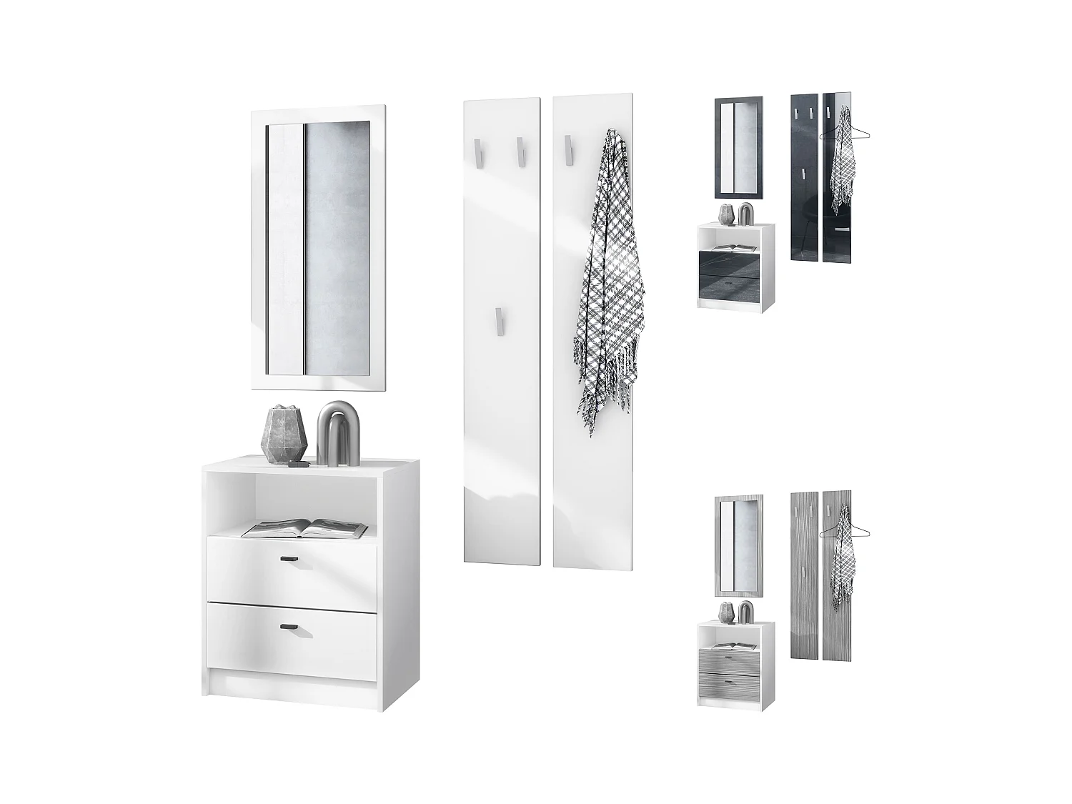 Ensemble de vestiaires Pino V1, 2 Panneaux muraux 140 cm et buffet avec 2 tiroirs & 1 compartiment ouvert, blanc mat/blanc mat (56 x 67,5 x 36 cm)