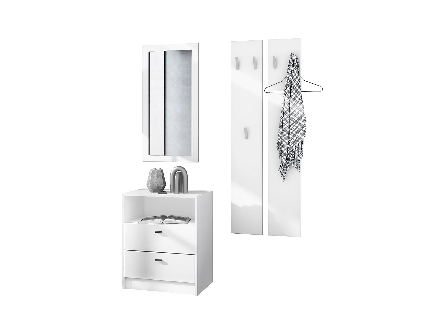 Ensemble de vestiaires Pino V1, 2 Panneaux muraux 140 cm et buffet avec 2 tiroirs & 1 compartiment ouvert, blanc mat/blanc mat (56 x 67,5 x 36 cm)