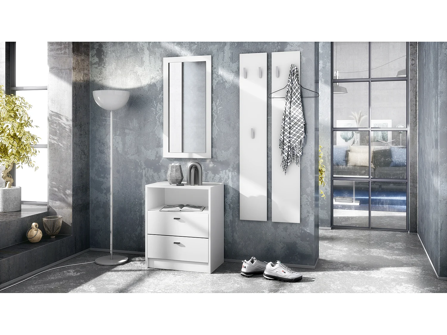 Ensemble de vestiaires Pino V1, 2 Panneaux muraux 140 cm et buffet avec 2 tiroirs & 1 compartiment ouvert, blanc mat/blanc mat (56 x 67,5 x 36 cm)