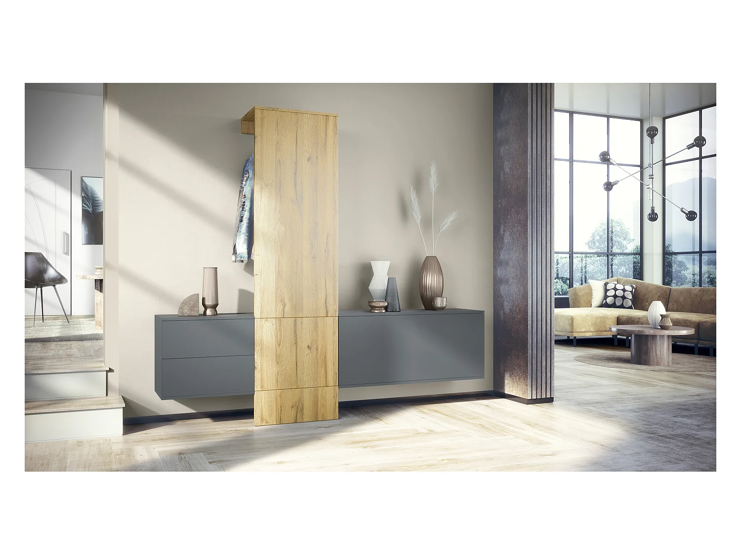 Vestiaire Garderobe Carlton Set 1, Corps en anthracite mat / Panneau portemanteau en chêne nature (208 x 193 x 35 cm)