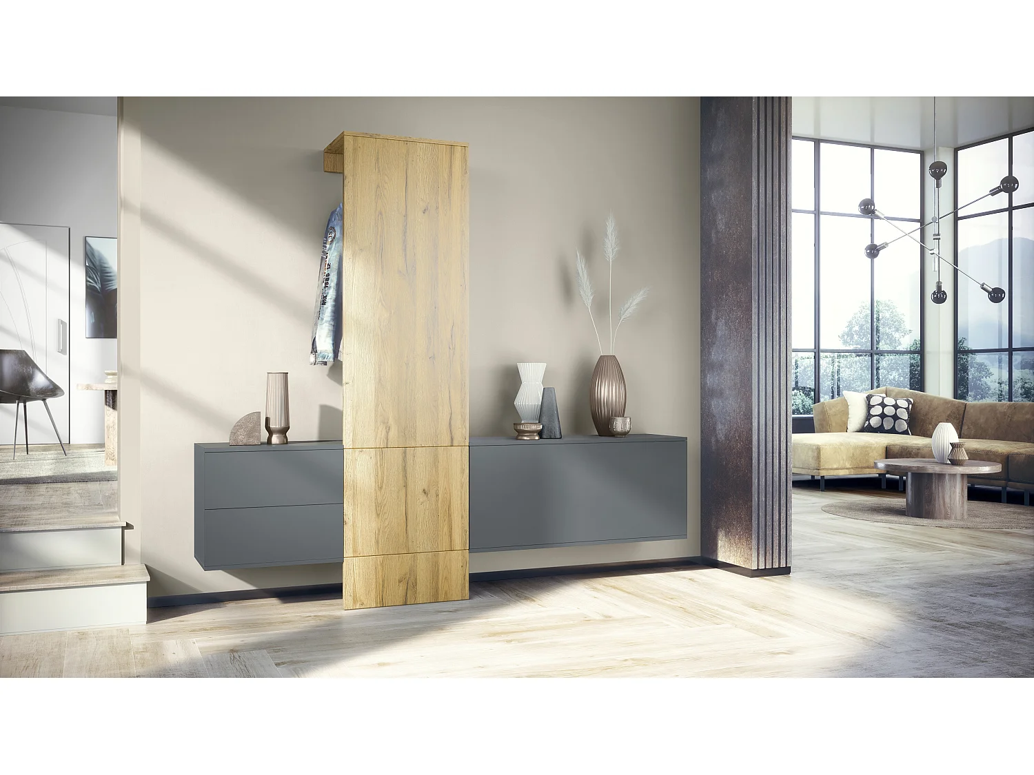 Vestiaire Garderobe Carlton Set 1, Corps en anthracite mat / Panneau portemanteau en chêne nature (208 x 193 x 35 cm)