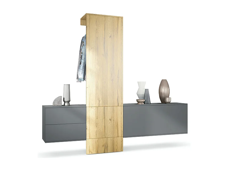 Vestiaire Garderobe Carlton Set 1, Corps en anthracite mat / Panneau portemanteau en chêne nature (208 x 193 x 35 cm)