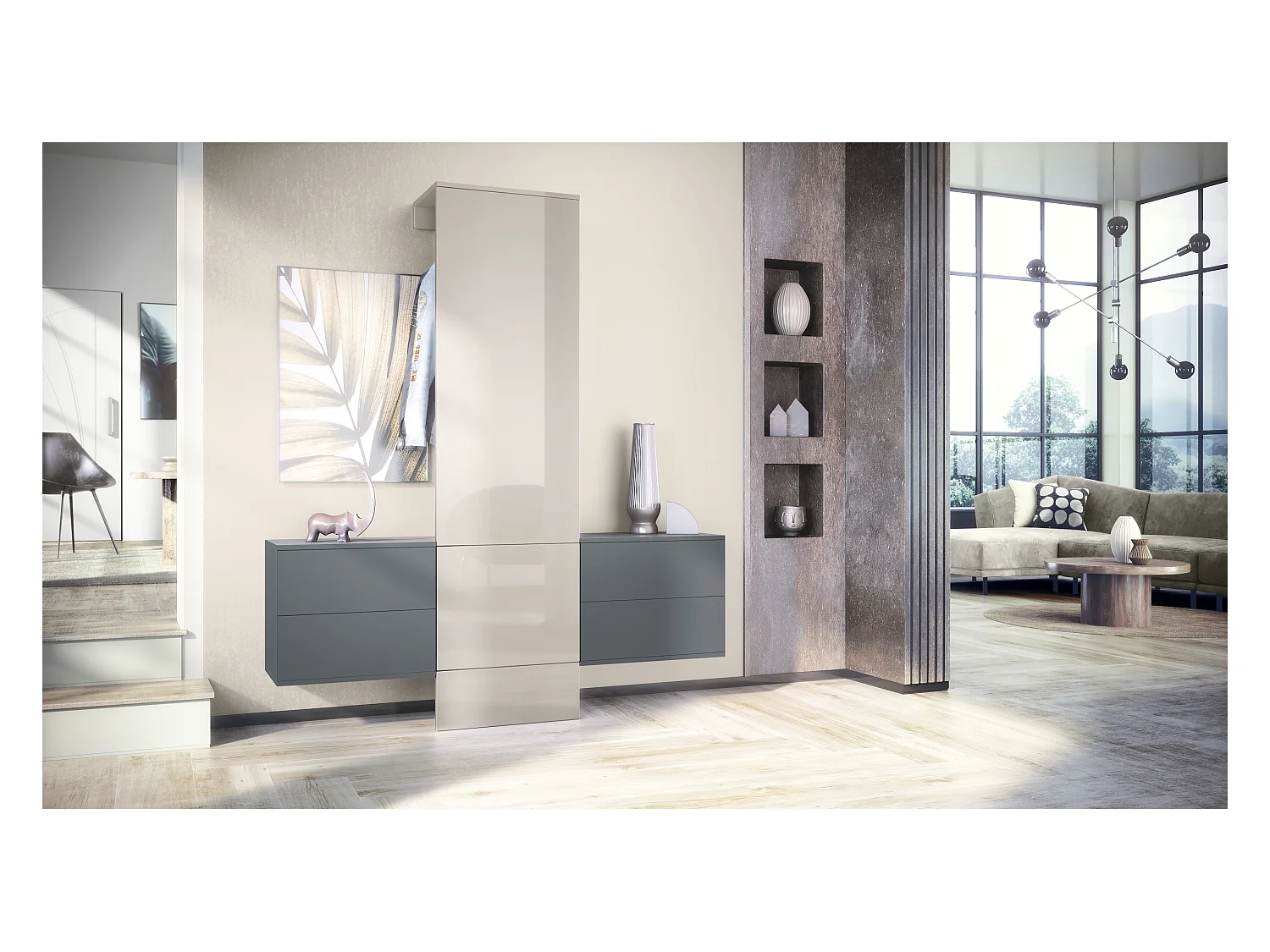 GARDEROBE Carlton Paneel in Sandgrau Hochglanz