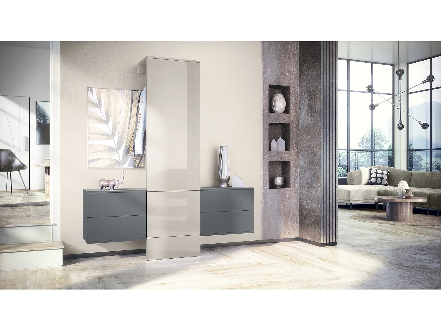 Vestiaire Garderobe Carlton Set 3, Corps en anthracite mat / Panneau portemanteau en gris sable haute brillance (157 x 193 x 35 cm)
