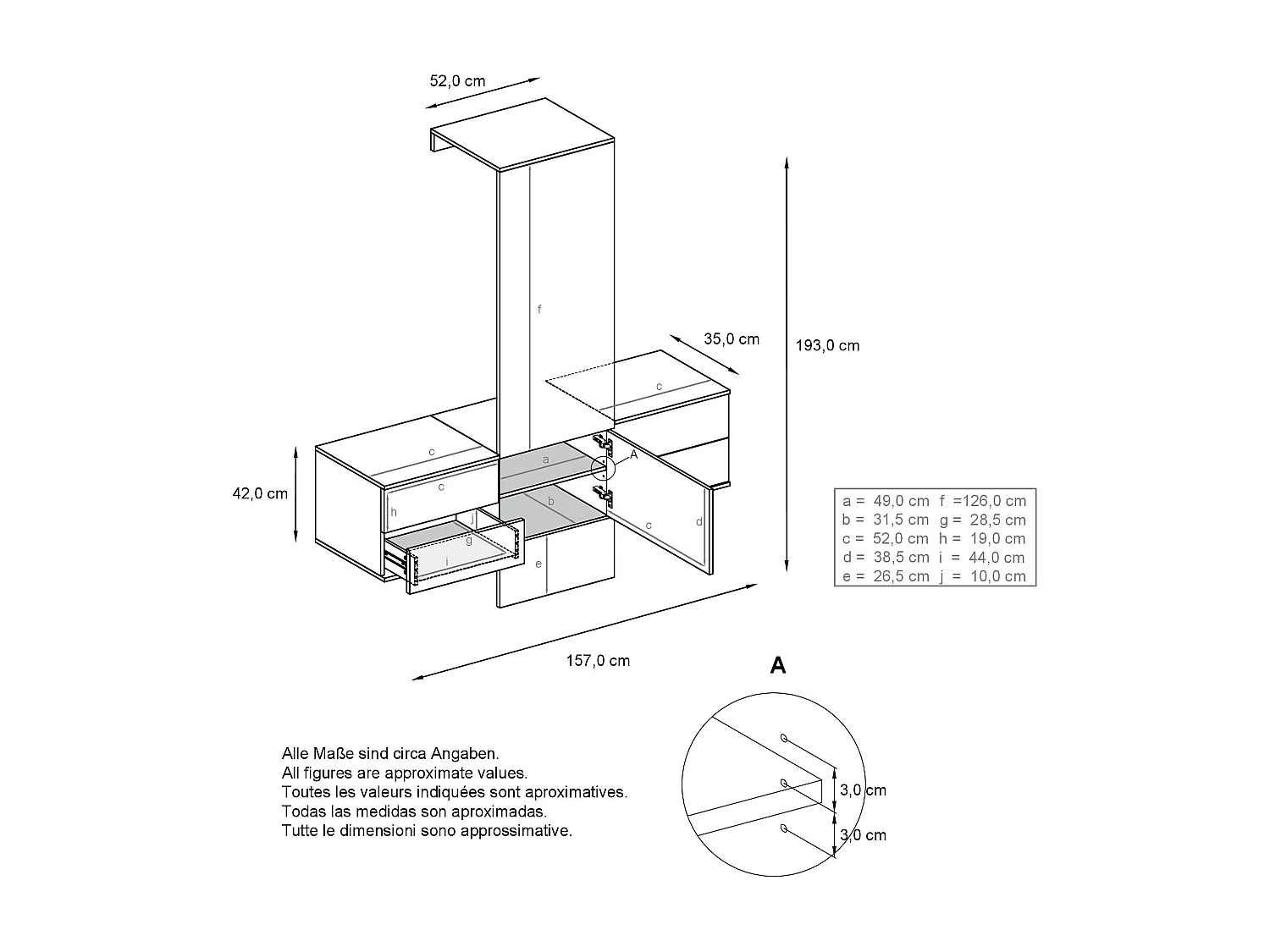 Vestiaire Garderobe Carlton Set 3, Corps en anthracite mat / Panneau portemanteau en gris sable haute brillance (157 x 193 x 35 cm)