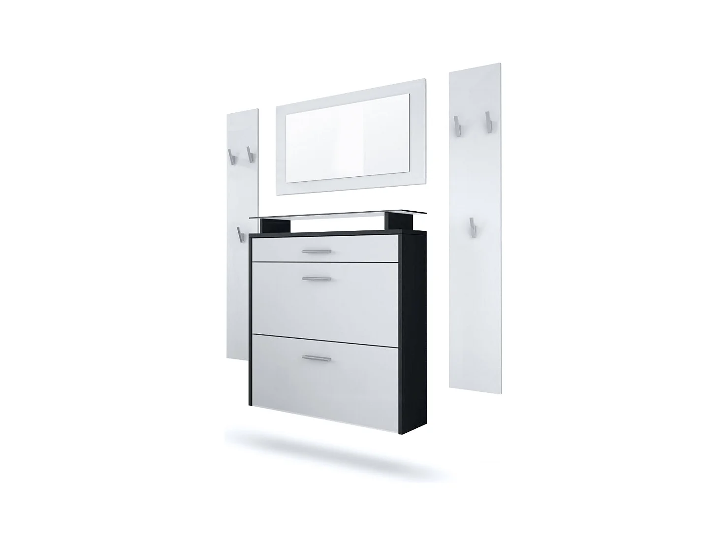 Penderie Malea, Meuble d’entrée comprenant 1 commode à chaussures murale, 1 miroir mural et 2 panneaux porte-manteaux, Noir mat/Blanc mat