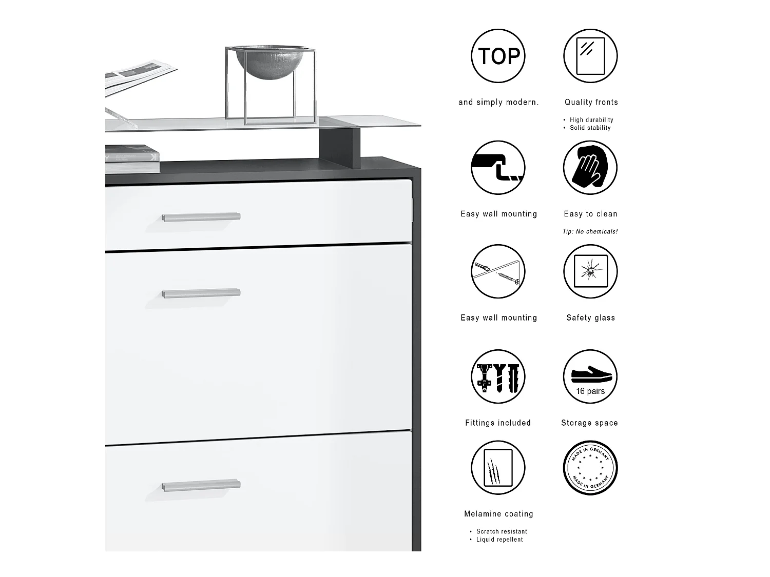 Penderie Malea, Meuble d’entrée comprenant 1 commode à chaussures murale, 1 miroir mural et 2 panneaux porte-manteaux, Noir mat/Blanc mat