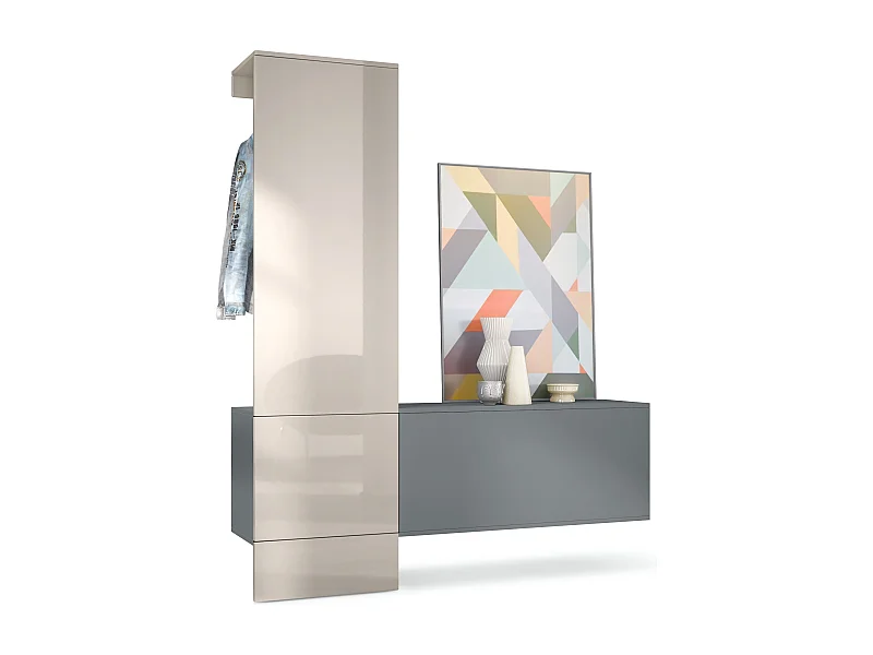 Carlton Hallway Set 4, Set di contenitori per corridoi con 1 pannello appendiabiti, 1 mobile, antracite opaco /grigio sabbia lucido (156,5 x 193 x 35 cm)