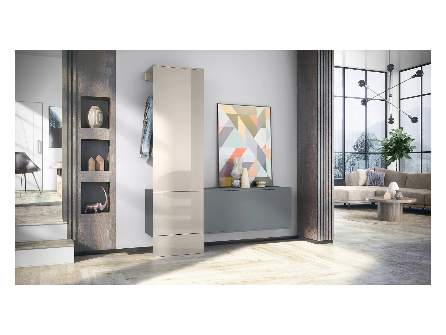 Penderie Carlton Set 4, Meuble d’entrée comprenant 1 panneau porte-manteaux, 1 module de commode, anthracite mat/gris sable brillant (156,5 x 193 x 35 cm)