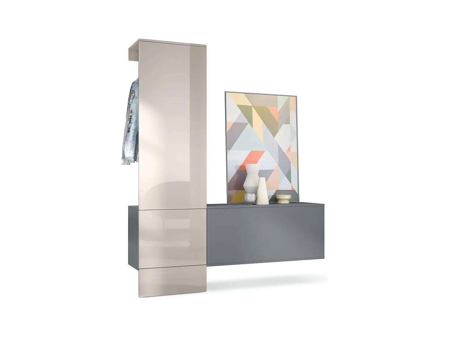 Penderie Carlton Set 4, Meuble d’entrée comprenant 1 panneau porte-manteaux, 1 module de commode, anthracite mat/gris sable brillant (156,5 x 193 x 35 cm)