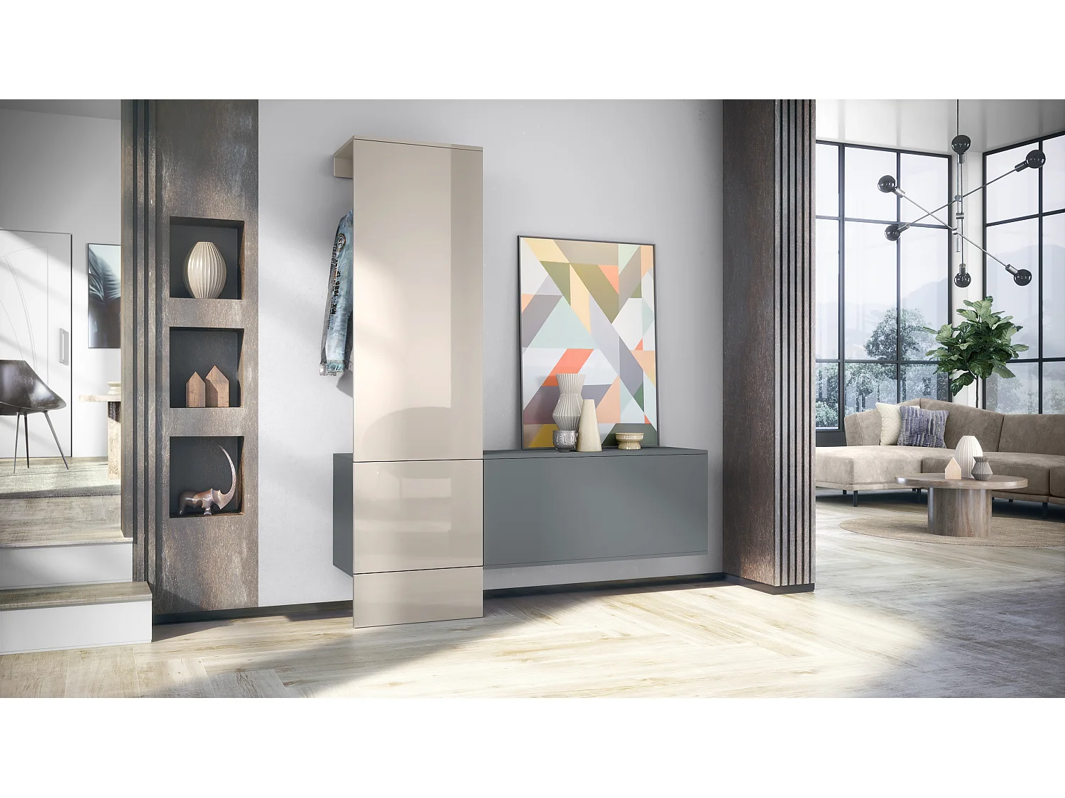 Penderie Carlton Set 4, Meuble d’entrée comprenant 1 panneau porte-manteaux, 1 module de commode, anthracite mat/gris sable brillant (156,5 x 193 x 35 cm)