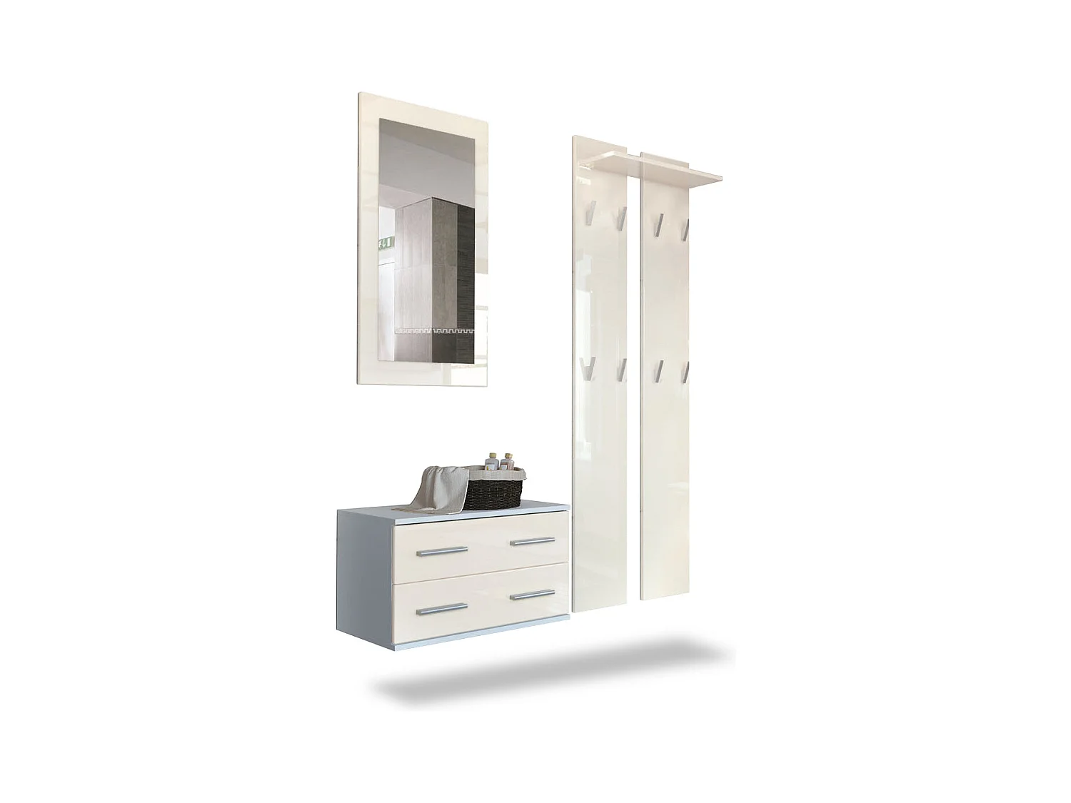 Ensemble de meubles d'entrée Kioto, Corps en Blanc mat / Façades en Crème haute brillance