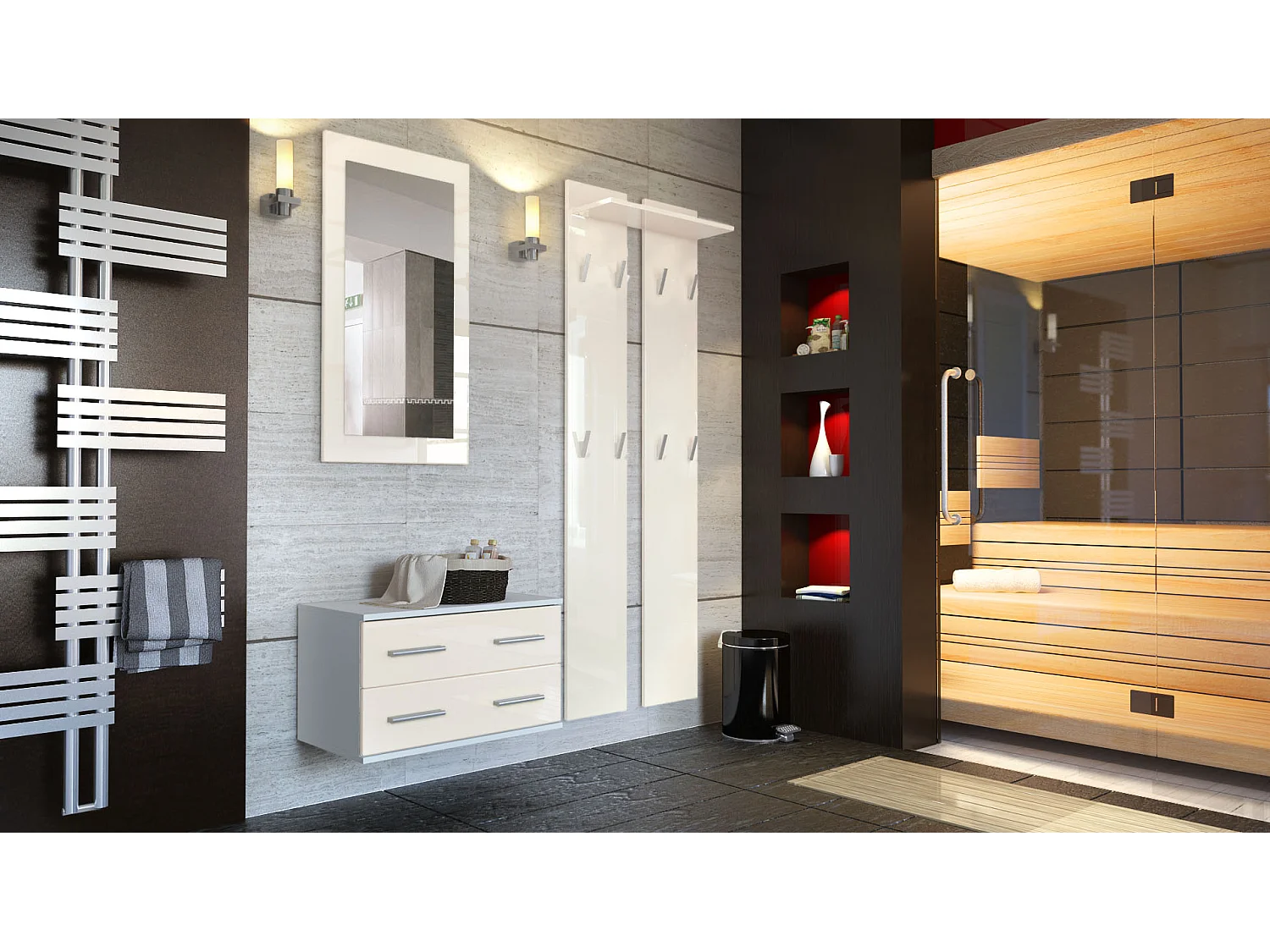 Ensemble de meubles d'entrée Kioto, Corps en Blanc mat / Façades en Crème haute brillance