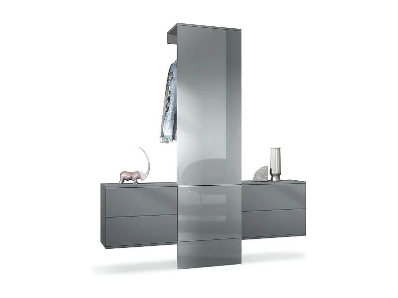 Vestiaire Garderobe Carlton Set 3, Corps en anthracite mat / Panneau portemanteau en gris haute brillance (157 x 193 x 35 cm)