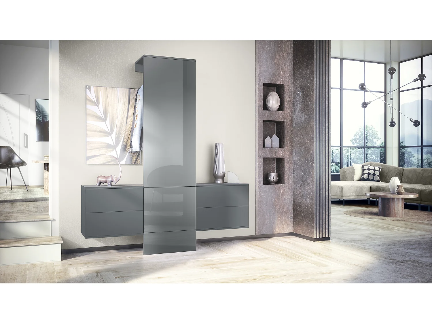 Vestiaire Garderobe Carlton Set 3, Corps en anthracite mat / Panneau portemanteau en gris haute brillance (157 x 193 x 35 cm)