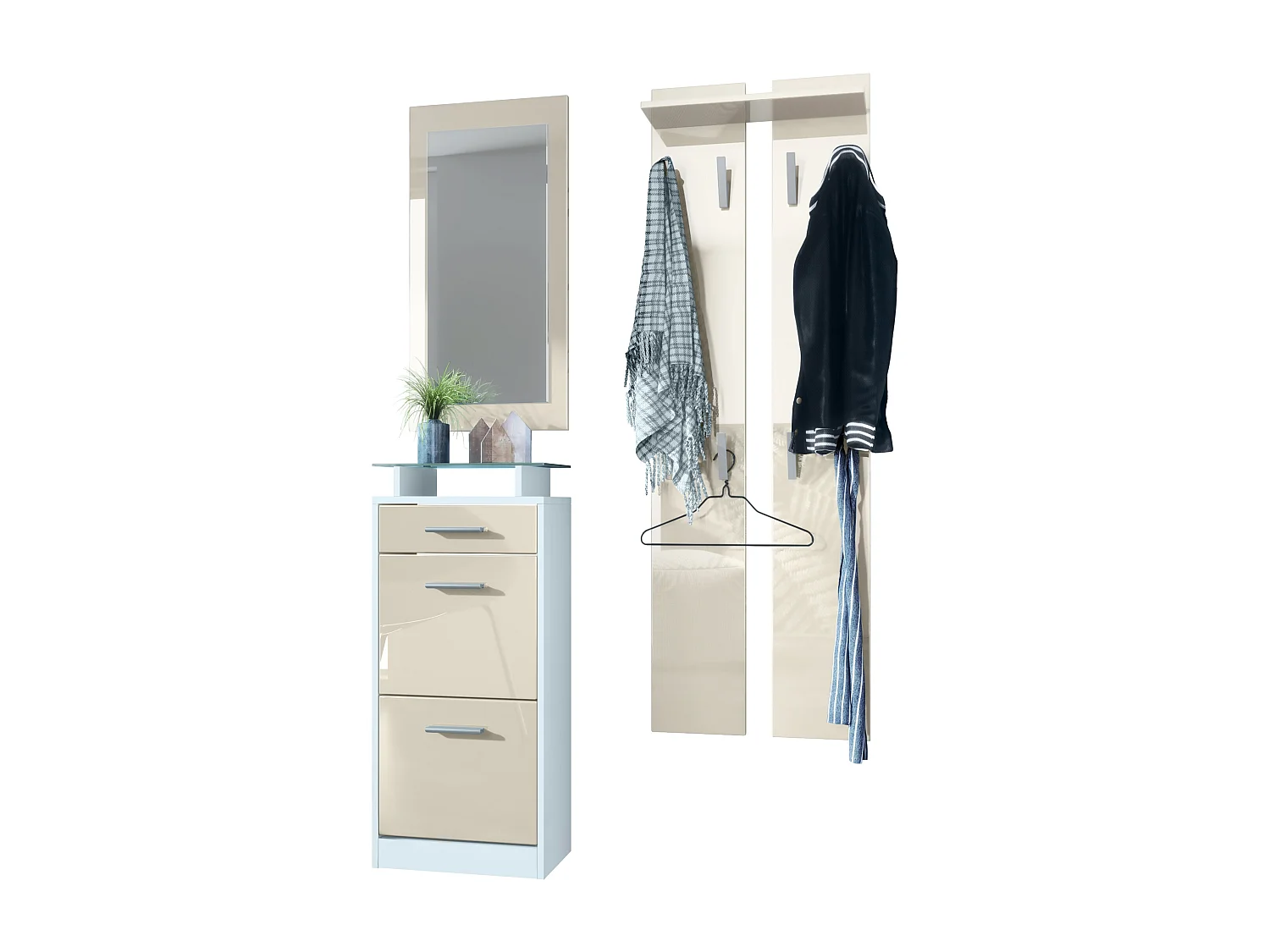 Ensemble de meubles d'entrée Loret V2 Mini, Corps en Blanc mat / Façades en Crème haute brillance