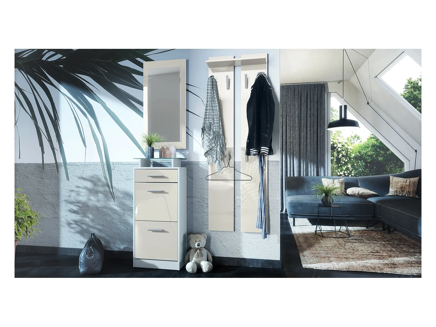 Ensemble de meubles d'entrée Loret V2 Mini, Corps en Blanc mat / Façades en Crème haute brillance