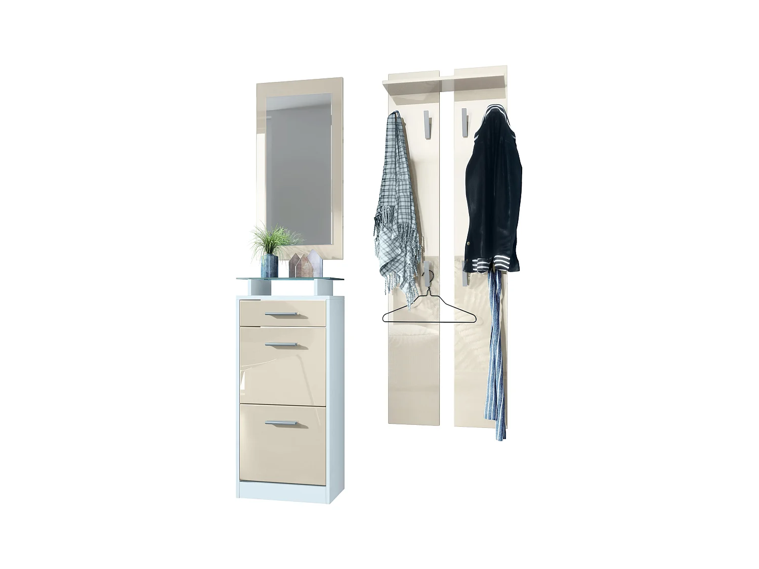 Ensemble de meubles d'entrée Loret V2 Mini, Corps en Blanc mat / Façades en Crème haute brillance