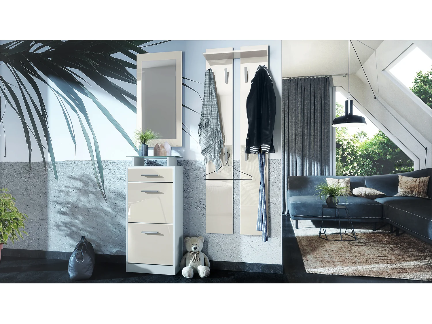 Ensemble de meubles d'entrée Loret V2 Mini, Corps en Blanc mat / Façades en Crème haute brillance