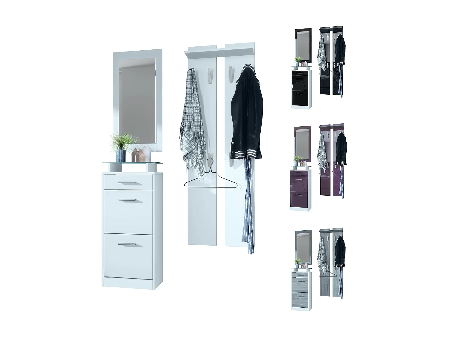 Ensemble de meubles d'entrée Loret V2 Mini, Corps en Blanc mat / Façades en Crème haute brillance