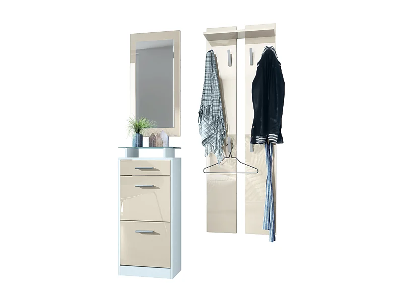 Ensemble de meubles d'entrée Loret V2 Mini, Corps en Blanc mat / Façades en Crème haute brillance