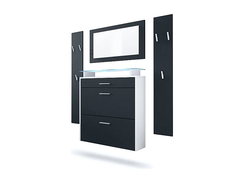 Penderie Malea, Meuble d’entrée comprenant 1 commode à chaussures murale, 1 miroir mural et 2 panneaux porte-manteaux, Blanc mat/Noir mat