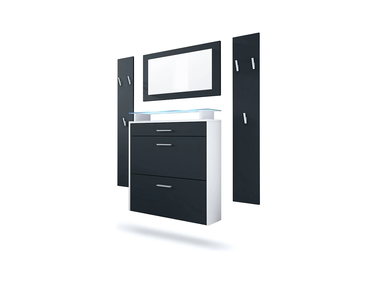 Penderie Malea, Meuble d’entrée comprenant 1 commode à chaussures murale, 1 miroir mural et 2 panneaux porte-manteaux, Blanc mat/Noir mat