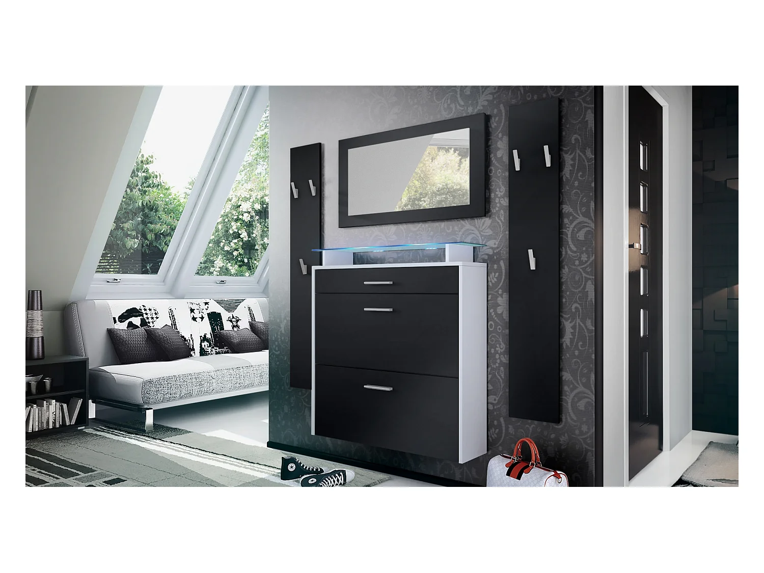 Penderie Malea, Meuble d’entrée comprenant 1 commode à chaussures murale, 1 miroir mural et 2 panneaux porte-manteaux, Blanc mat/Noir mat