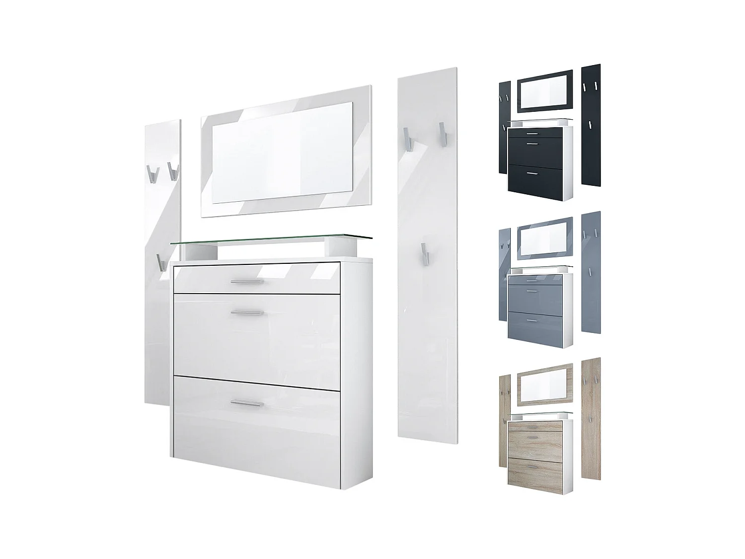 Penderie Malea, Meuble d’entrée comprenant 1 commode à chaussures murale, 1 miroir mural et 2 panneaux porte-manteaux, Blanc mat/Noir mat