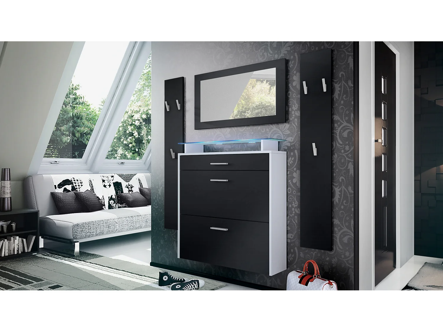 Penderie Malea, Meuble d’entrée comprenant 1 commode à chaussures murale, 1 miroir mural et 2 panneaux porte-manteaux, Blanc mat/Noir mat