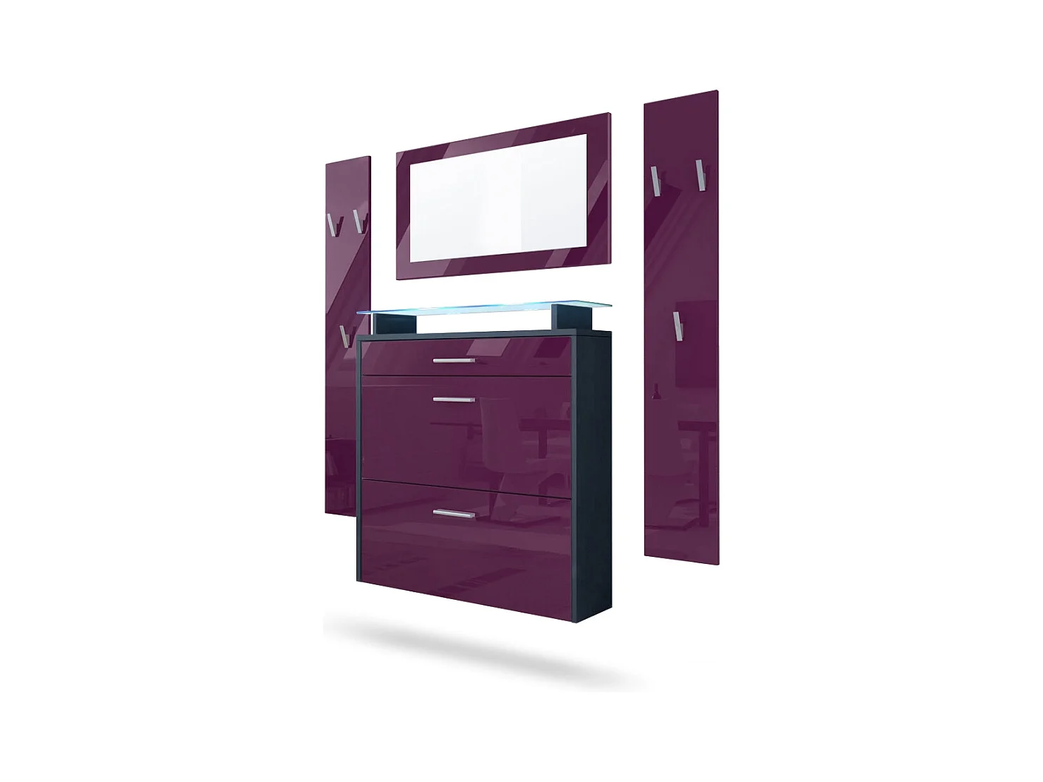 Penderie Malea, Meuble d’entrée comprenant 1 commode à chaussures murale, 1 miroir et 2 panneaux porte-manteaux, Anthracite mat/Mûre brillant, LED bleu inclus