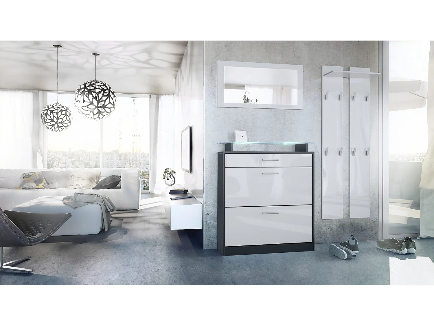 Loret Ensemble penderie, meuble à chaussures 89 x 104 x 23 cm avec miroir, 2 panneaux murales et éclairage LED Blanc, Anthracite mat & Blanc haute brillance