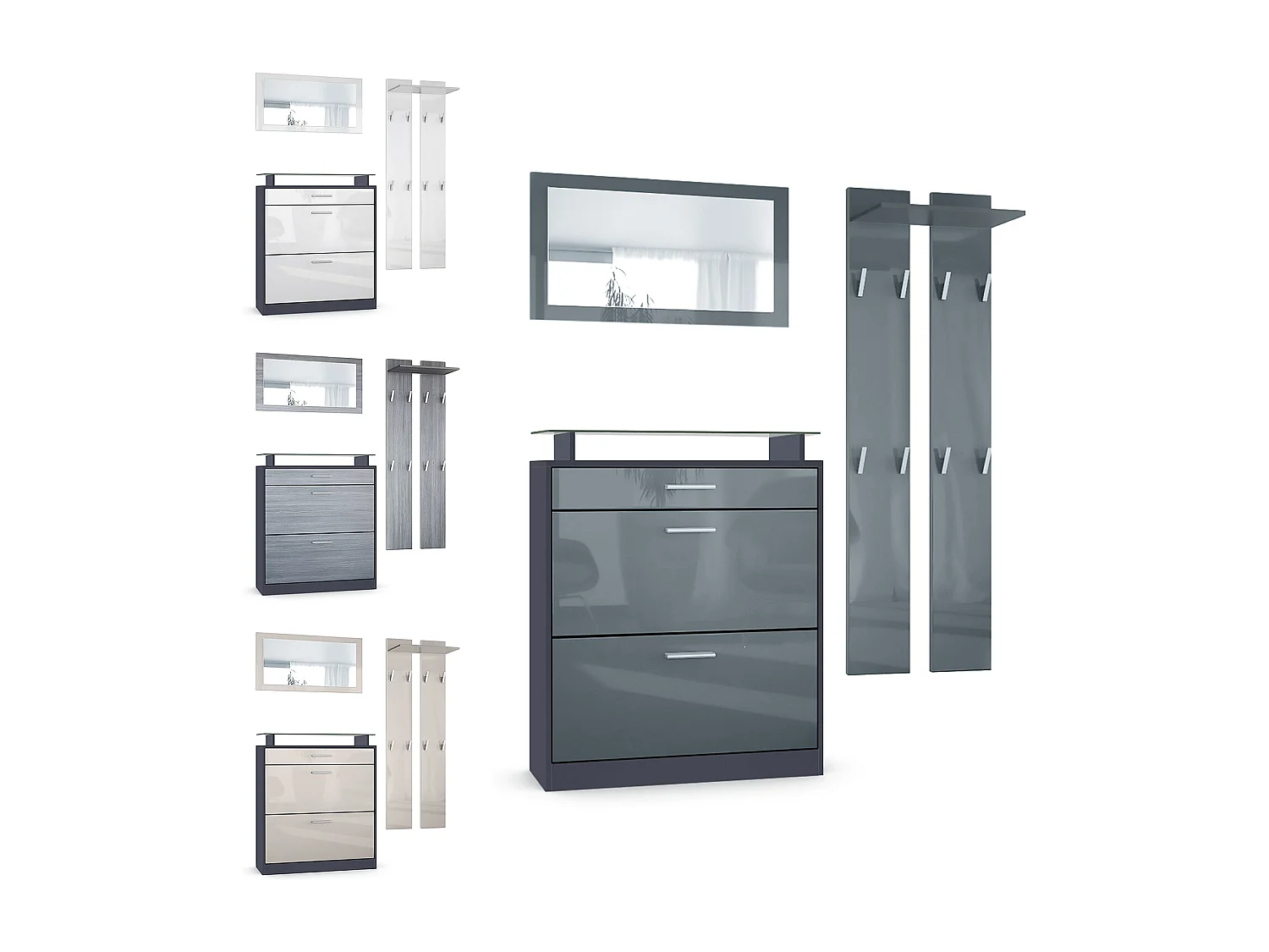 Loret Ensemble penderie, meuble à chaussures 89 x 104 x 23 cm avec miroir, 2 panneaux murales et éclairage LED Blanc, Anthracite mat & Blanc haute brillance