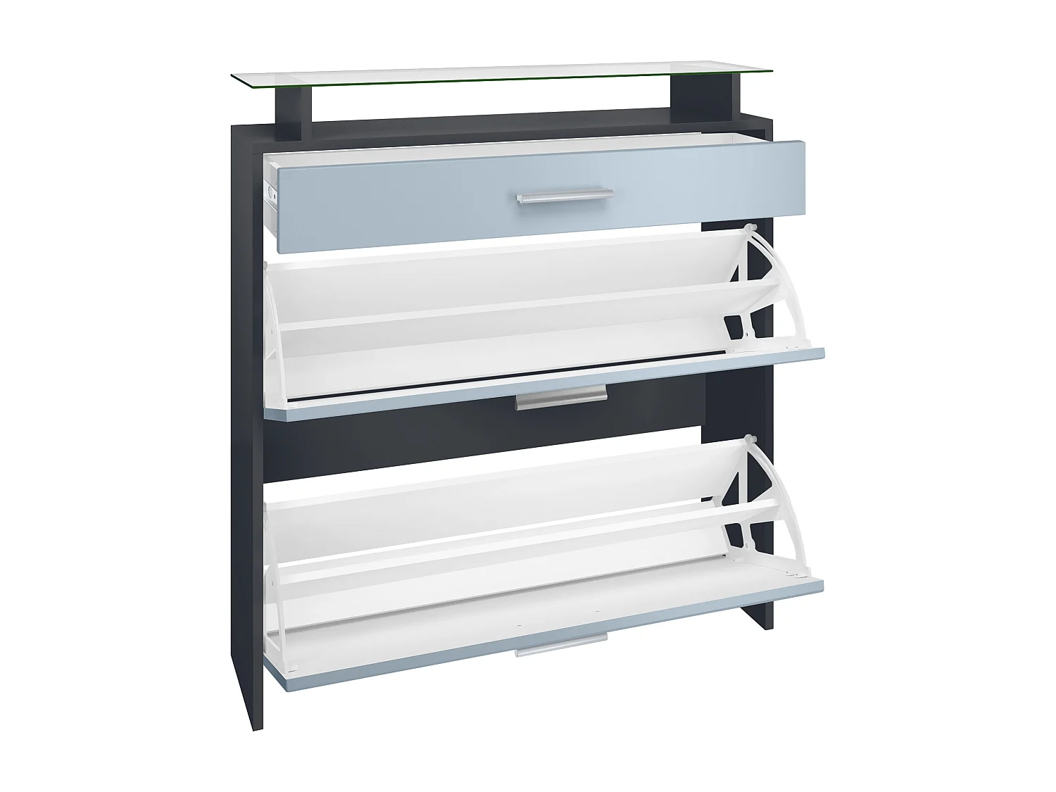 Penderie Malea, Meuble d’entrée comprenant 1 commode à chaussures, 1 miroir et 2 panneaux porte-manteaux, Anthracite mat/Bordeaux brillant, LED blanc inclus