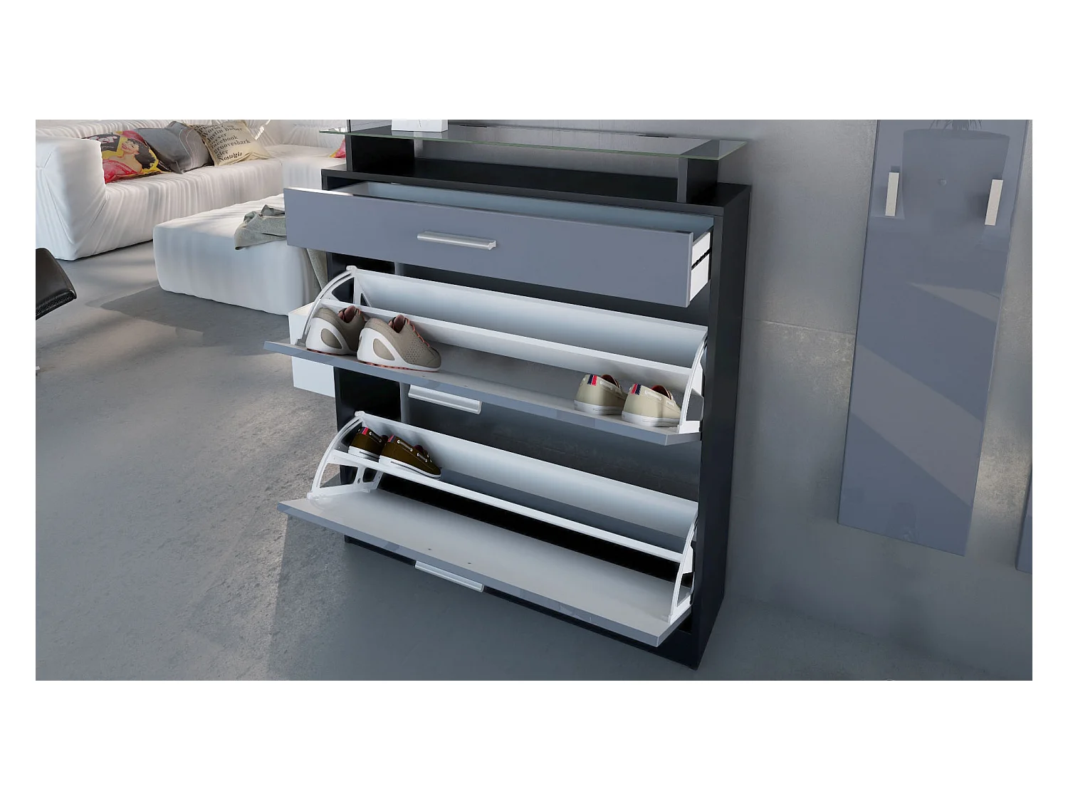 Loret Ensemble penderie, meuble à chaussures 89 x 104 x 23 cm avec miroir, 2 panneaux murales et éclairage LED Blanc, Anthracite mat & Gris sable brillant