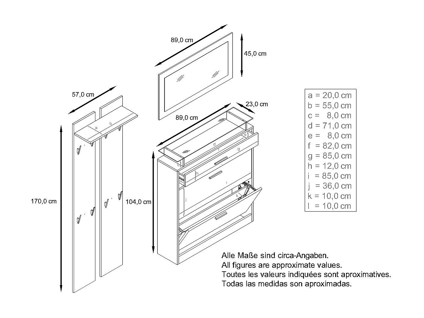 Loret Ensemble penderie, meuble à chaussures 89 x 104 x 23 cm avec miroir, 2 panneaux murales et éclairage LED Blanc, Anthracite mat & Gris sable brillant