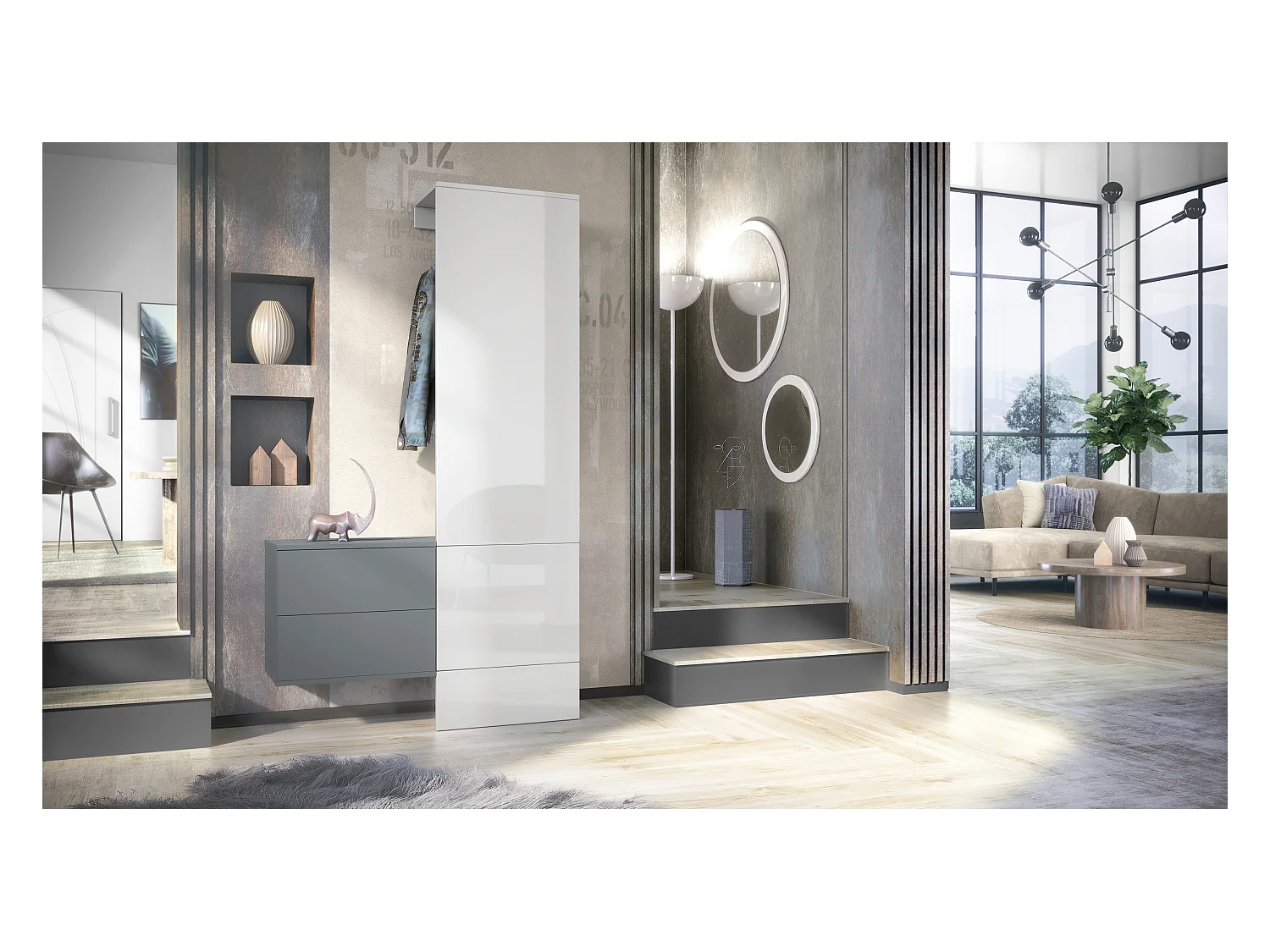 Penderie Carlton Set 2, Meuble d’entrée comprenant 1 panneau porte-manteau, 1 coffre à tiroir, anthracite mat/blanc haute brillance (105 x 193 x 35 cm)