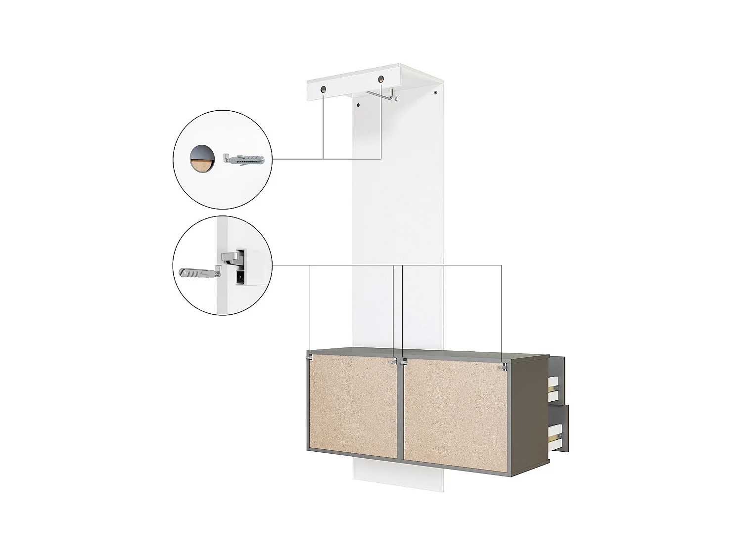 Penderie Carlton Set 2, Meuble d’entrée comprenant 1 panneau porte-manteau, 1 coffre à tiroir, anthracite mat/blanc haute brillance (105 x 193 x 35 cm)